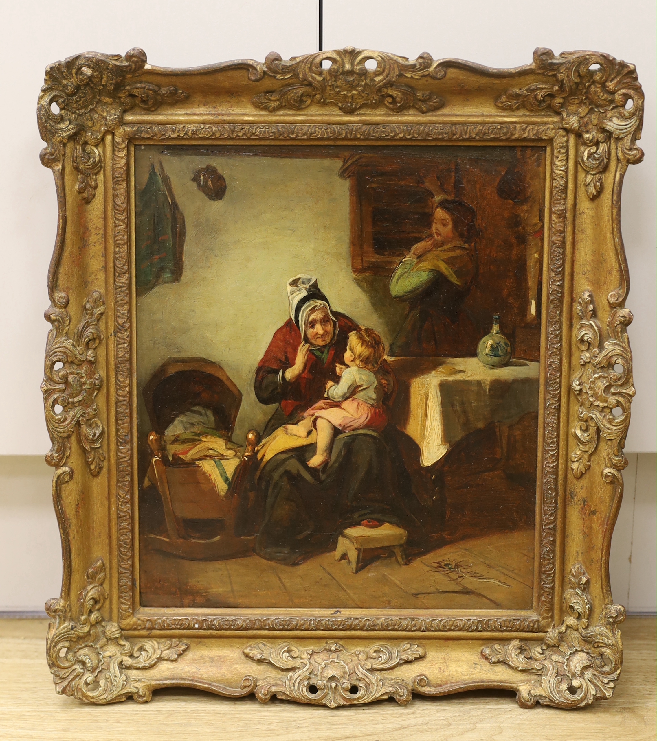 Robert Thorburn Ross (Scottish 1816 - 1876) oil on canvas, 'Granny knows best', signed and dated 1868, 32 x 27cm, ornate gilt frame